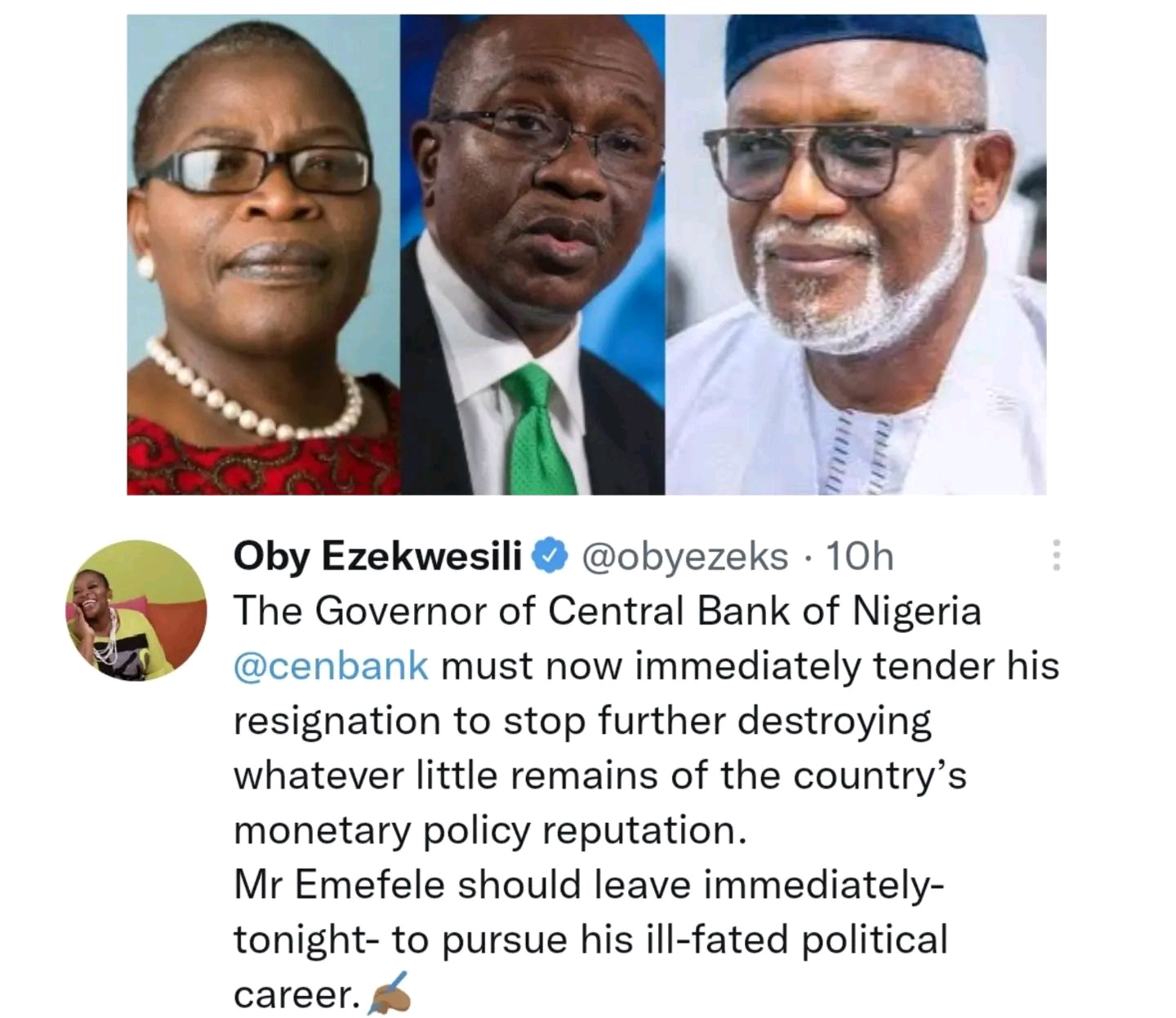Ill-fated political career, Oby Ezekwesili to CBN Governor, Resign Now